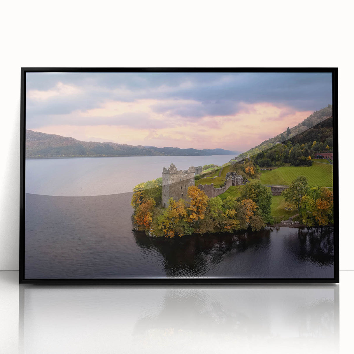Large abstract wall art depicting a European Scottish landscape in muted earth tones, framed in black acrylic.