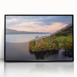 Large abstract wall art depicting a European Scottish landscape in muted earth tones, framed in black acrylic.