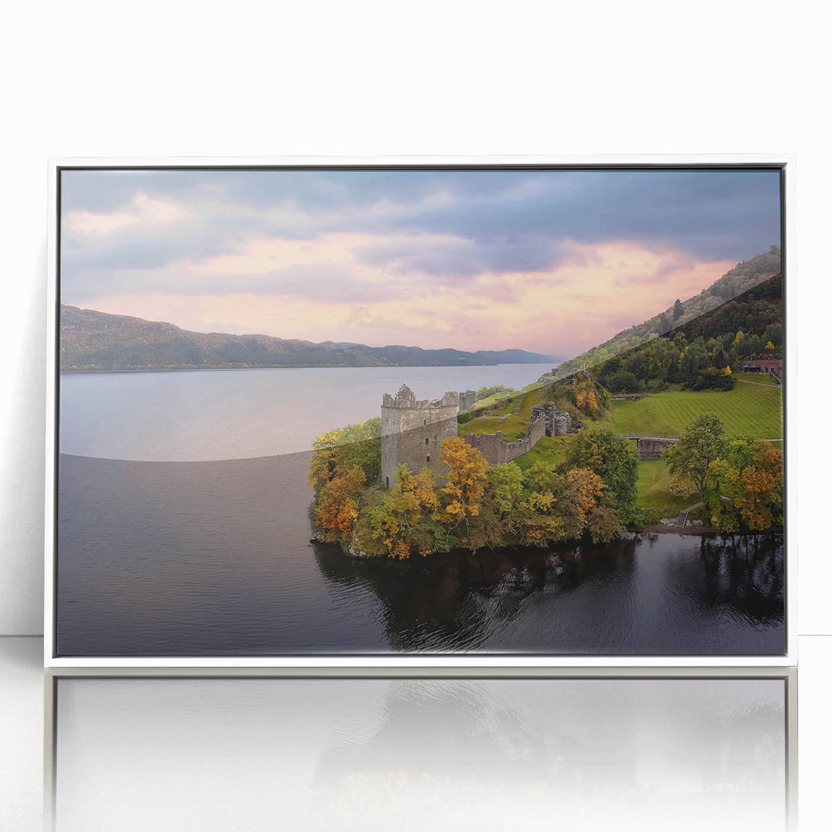 Mid-century modernist art depicting a serene Scottish landscape in muted earth tones on a framed acrylic panel.