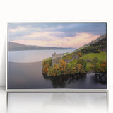 Mid-century modernist art depicting a serene Scottish landscape in muted earth tones on a framed acrylic panel.
