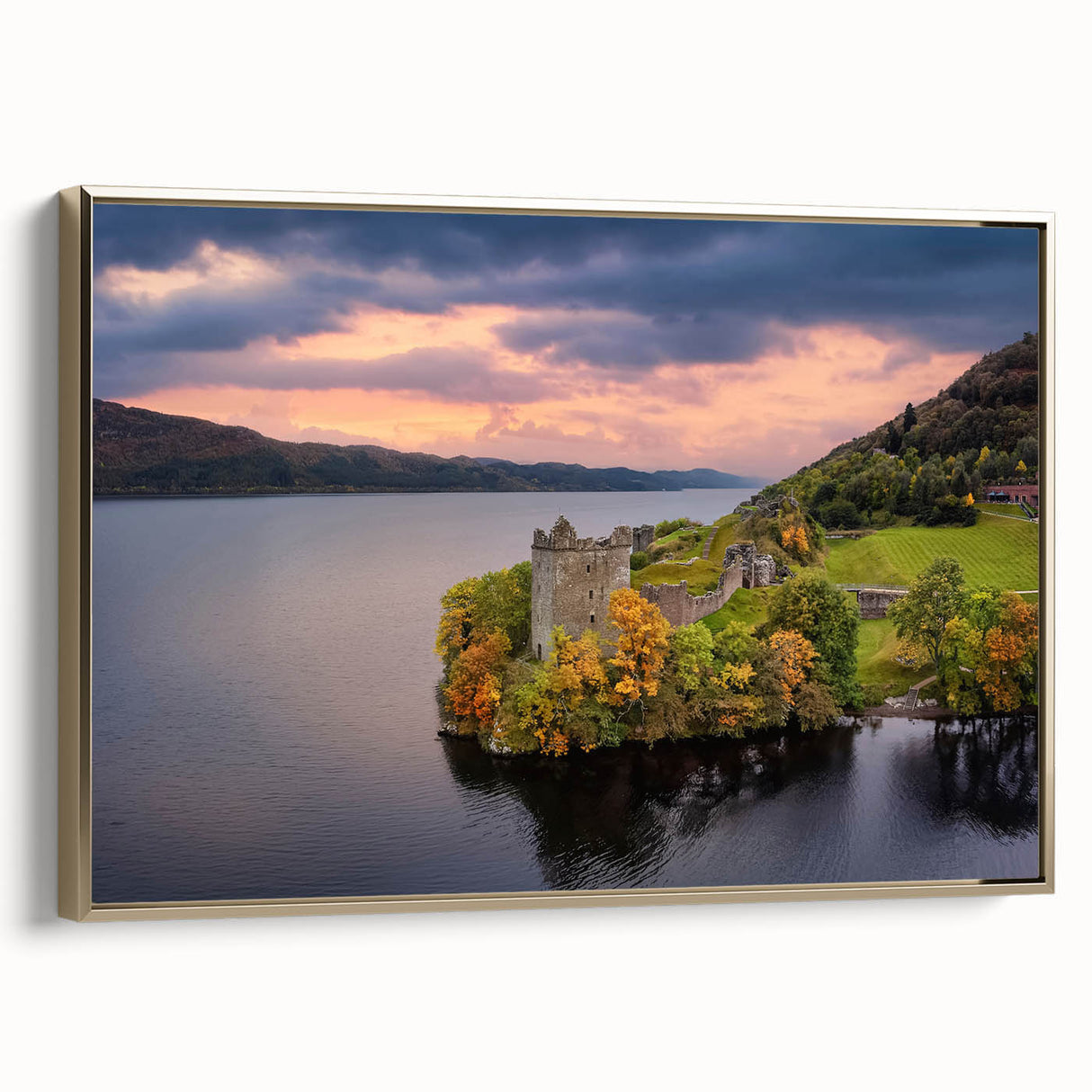 Framed canvas depicting a vintage Scottish landscape in muted gold and black tones, ideal for bedroom wall decor.
