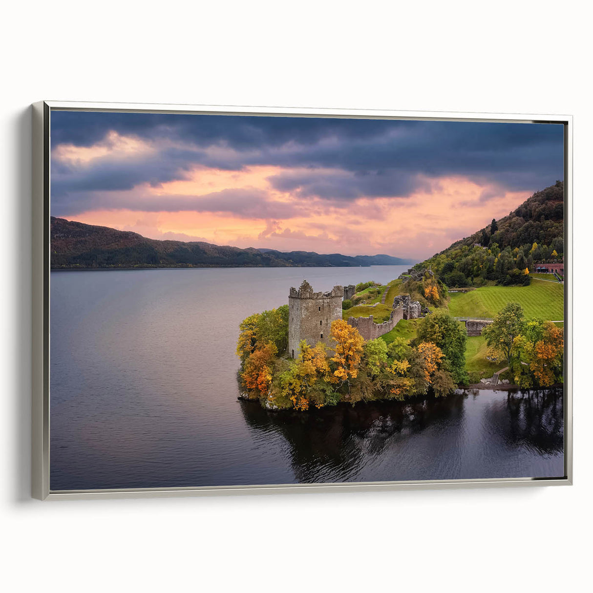 Landscape art painting of a Scottish scenery on framed canvas, featuring muted earth tones, ideal for living room decor.