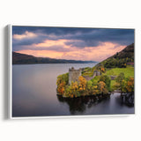 Vintage poster art of a Scottish landscape on a large framed canvas, featuring vibrant green and blue tones.