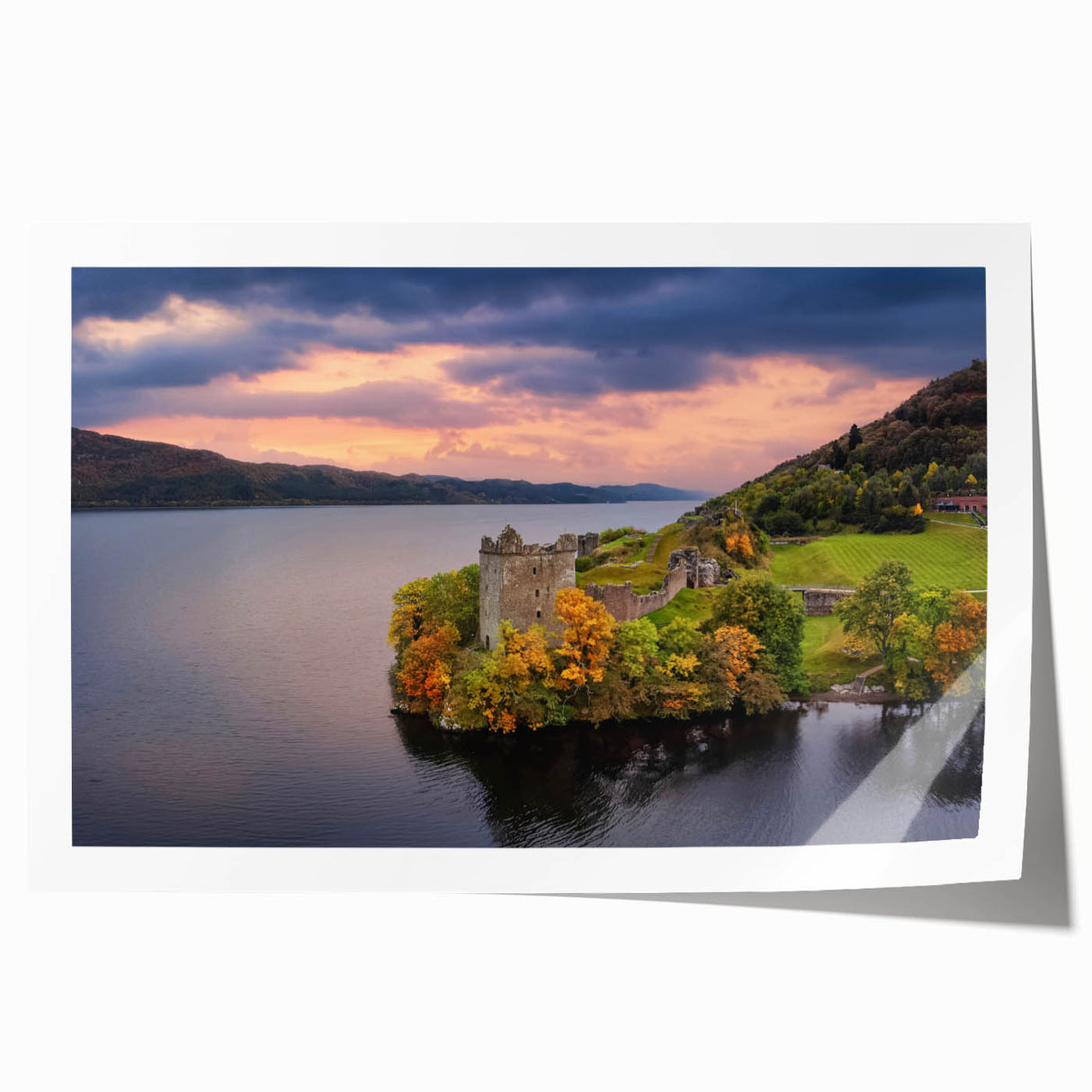 Rolled print of a Scottish landscape featuring muted green and blue tones, ideal for art wall dining room decor.