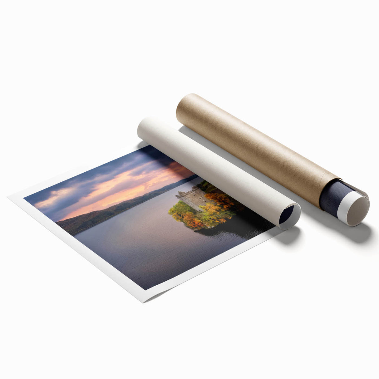 Extra large rolled print of a Scottish landscape with muted green and blue tones, ideal for classy bathroom wall art.