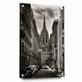 Acrylic print of a large abstract depiction of Barcelona, featuring vibrant hues of blue and orange.
