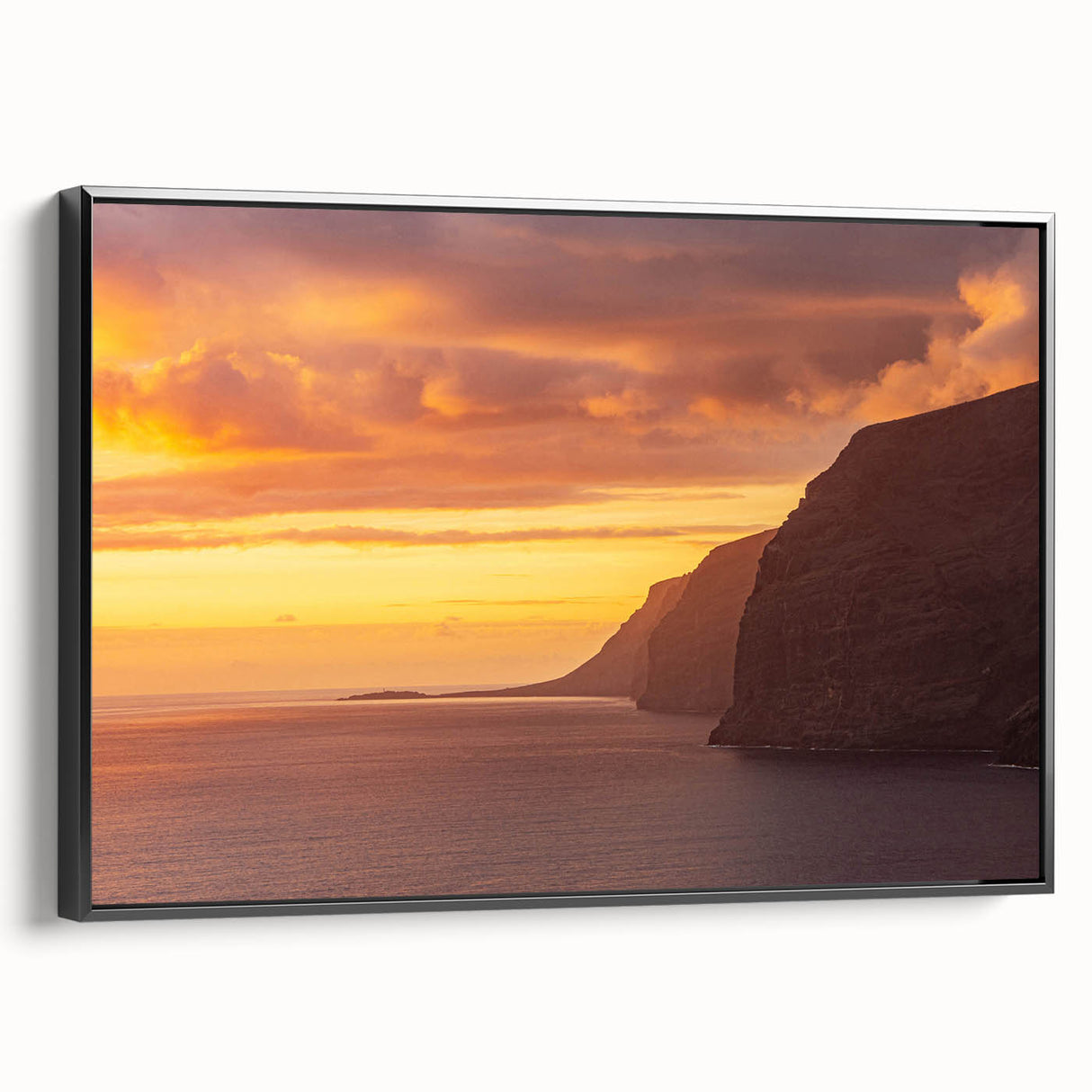 Black and white framed canvas featuring a vintage landscape painting of the Canary Islands, ideal for bedroom wall art.