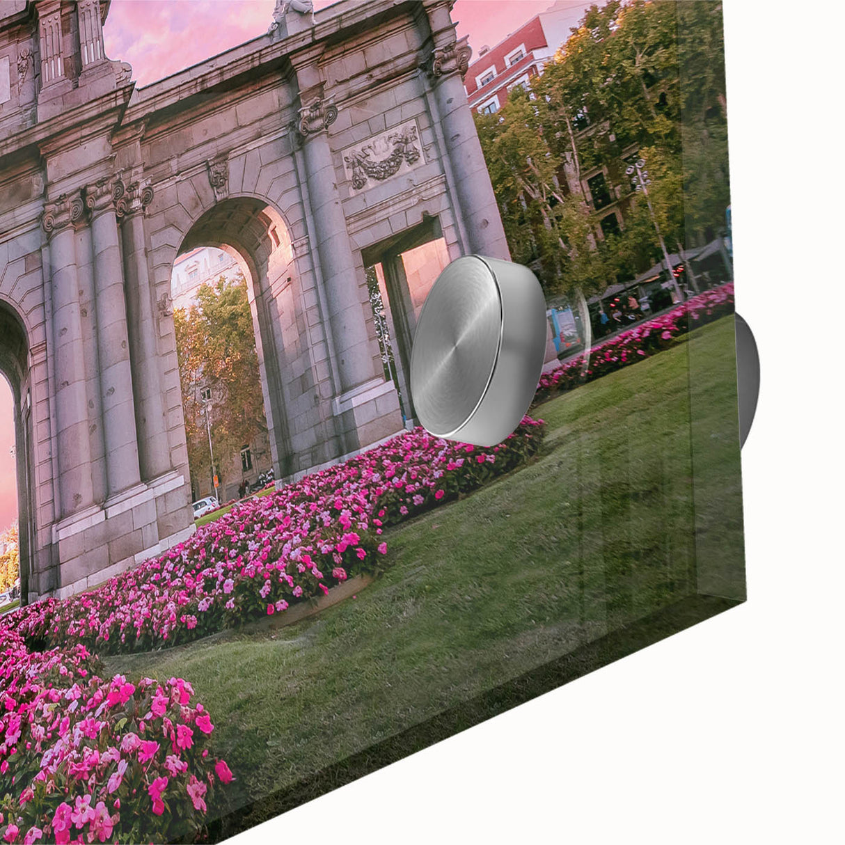 Large abstract wall art depicting Madrid's skyline in muted earth tones on acrylic glass, suitable for dining room art.