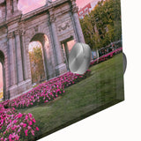 Large abstract wall art depicting Madrid's skyline in muted earth tones on acrylic glass, suitable for dining room art.