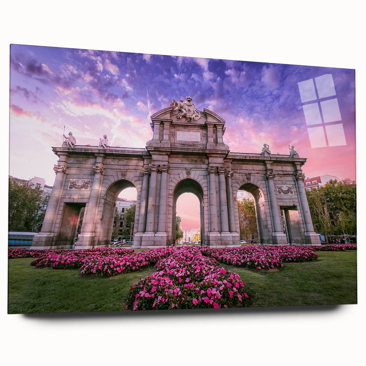 Large abstract wall art of Madrid skyline in vibrant twilight hues on acrylic glass, ideal for bedroom or dining room decor.