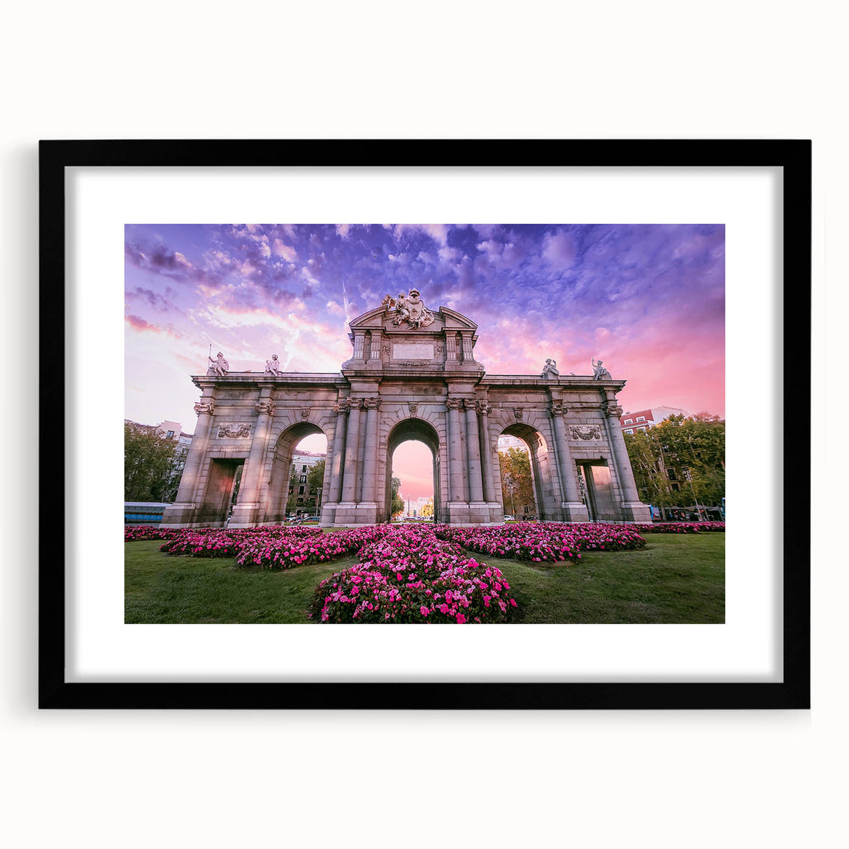 Extra large, textured abstract art print depicting a colorful, abstract European cityscape on a framed canvas.