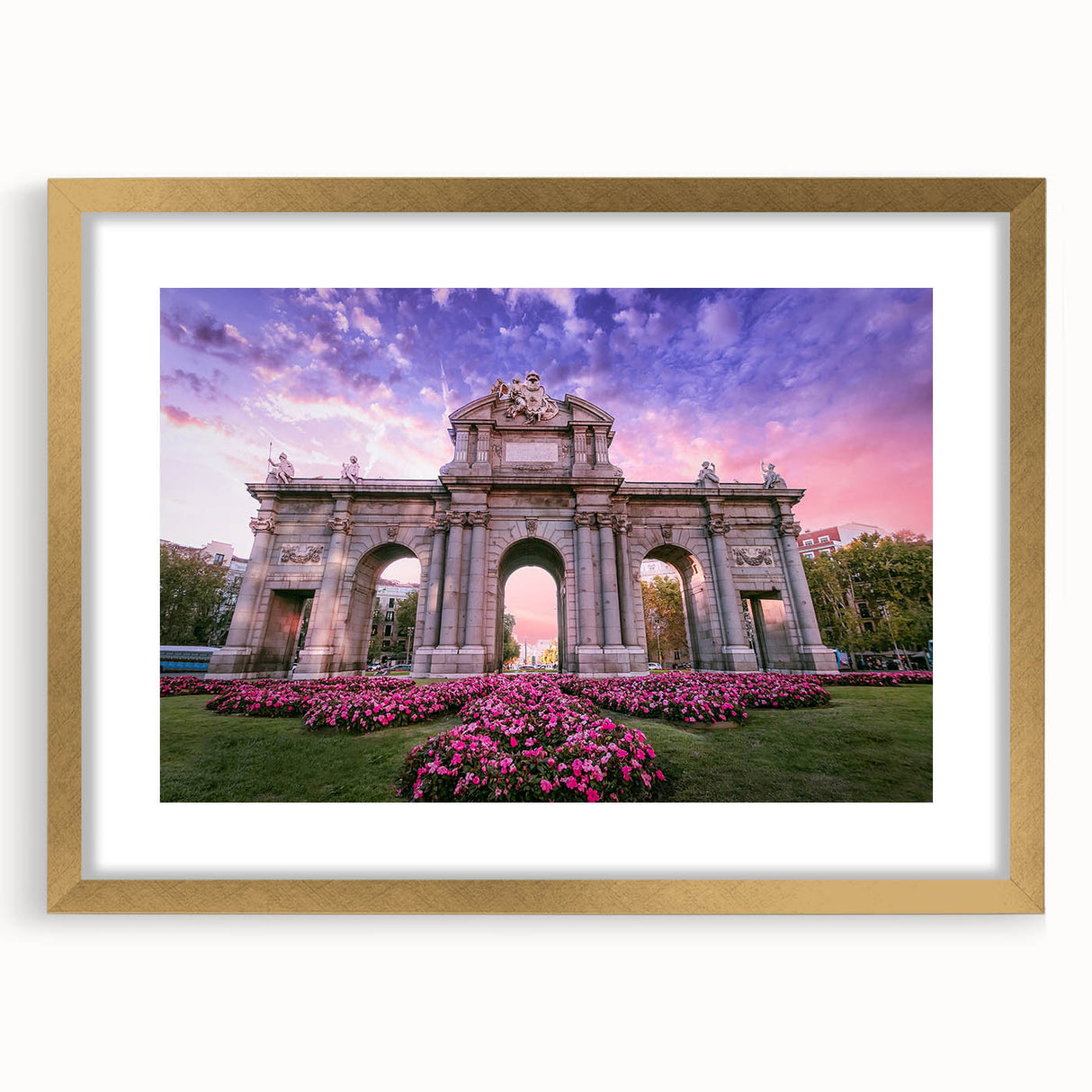 Extra large abstract art print of Madrid scenery in textured gold frame, suited for living room decor.