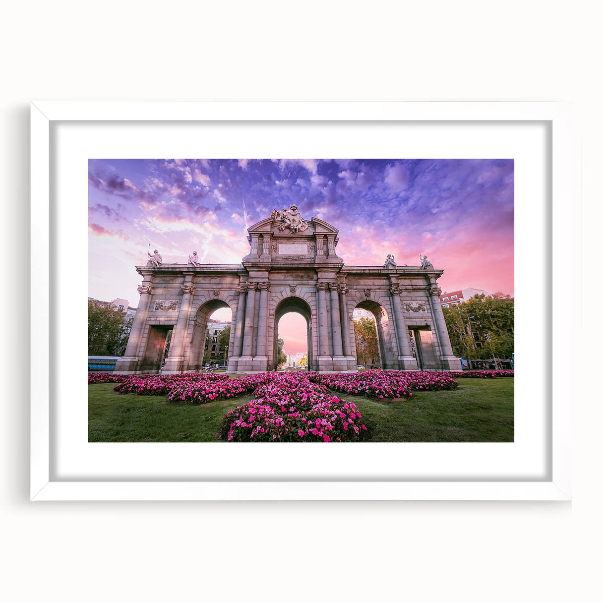Abstract art print of Madrid scenery in muted earth tones on a white framed mat, suitable for dining room decor.