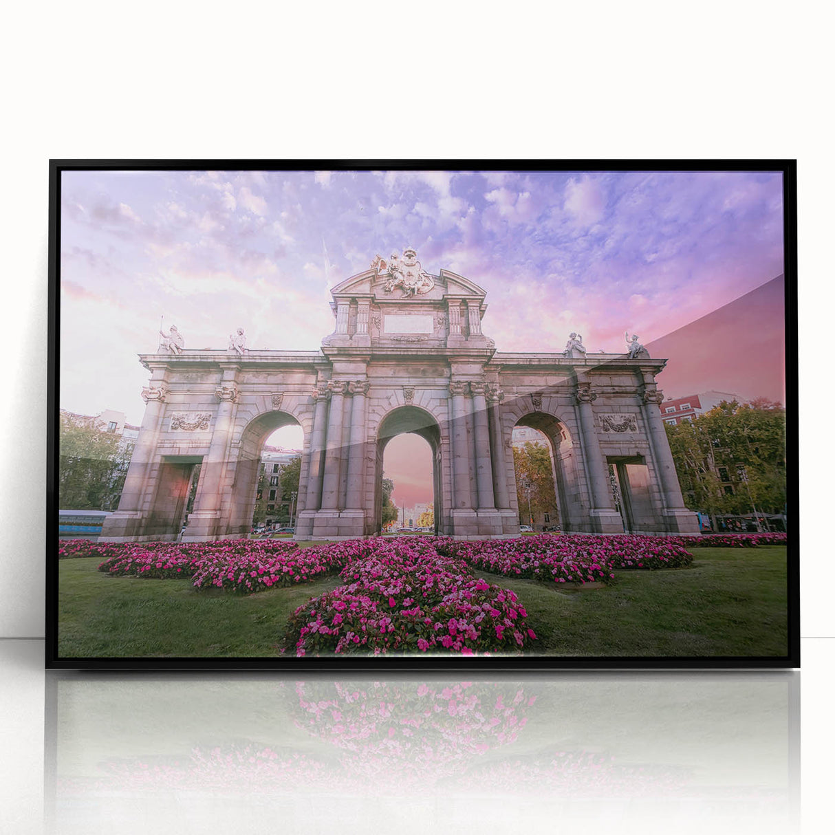 Large abstract wall art depicting a colorful Madrid cityscape on a framed acrylic, ideal for modern living room decor.