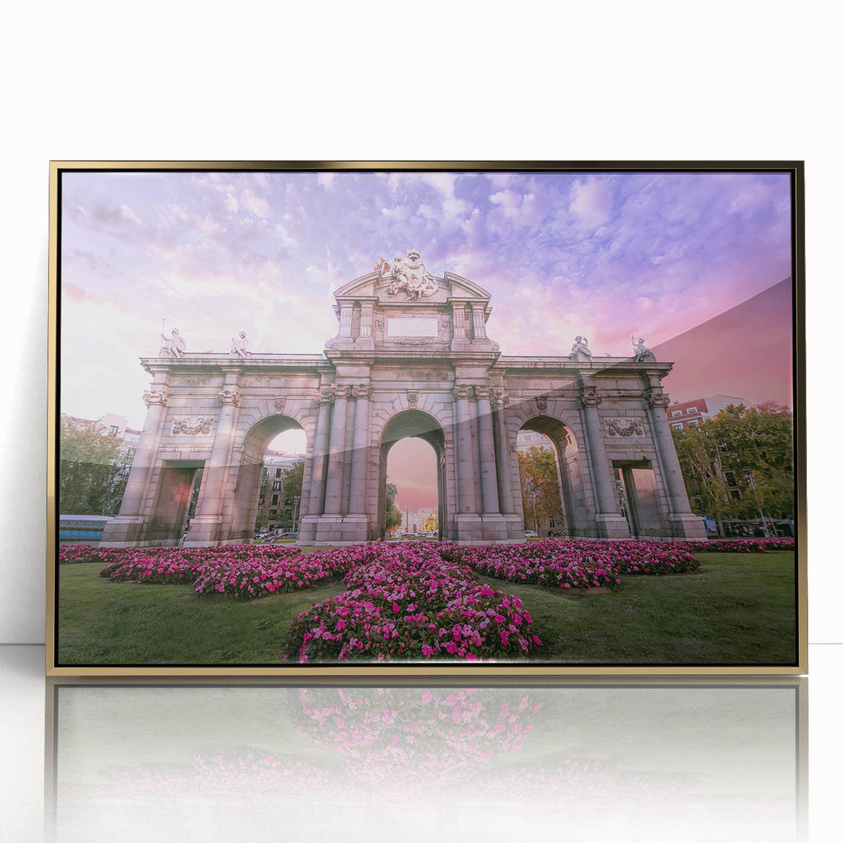 Mid-century modernist Madrid cityscape in gold and brown tones on a framed acrylic, suitable for modern art wall decor.