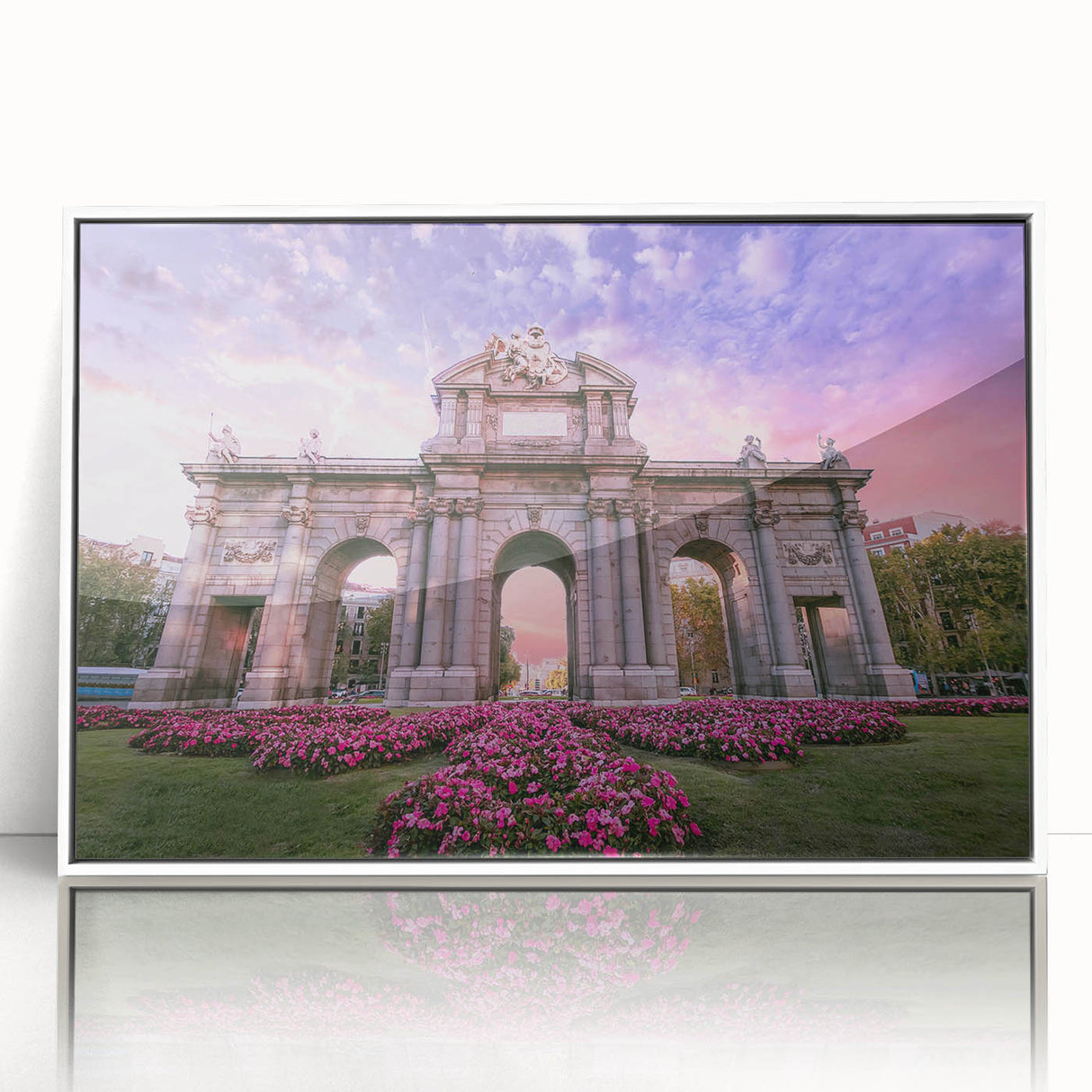 Art deco poster of Madrid skyline in muted gray and blue tones on framed acrylic, ideal for nursery wall art.