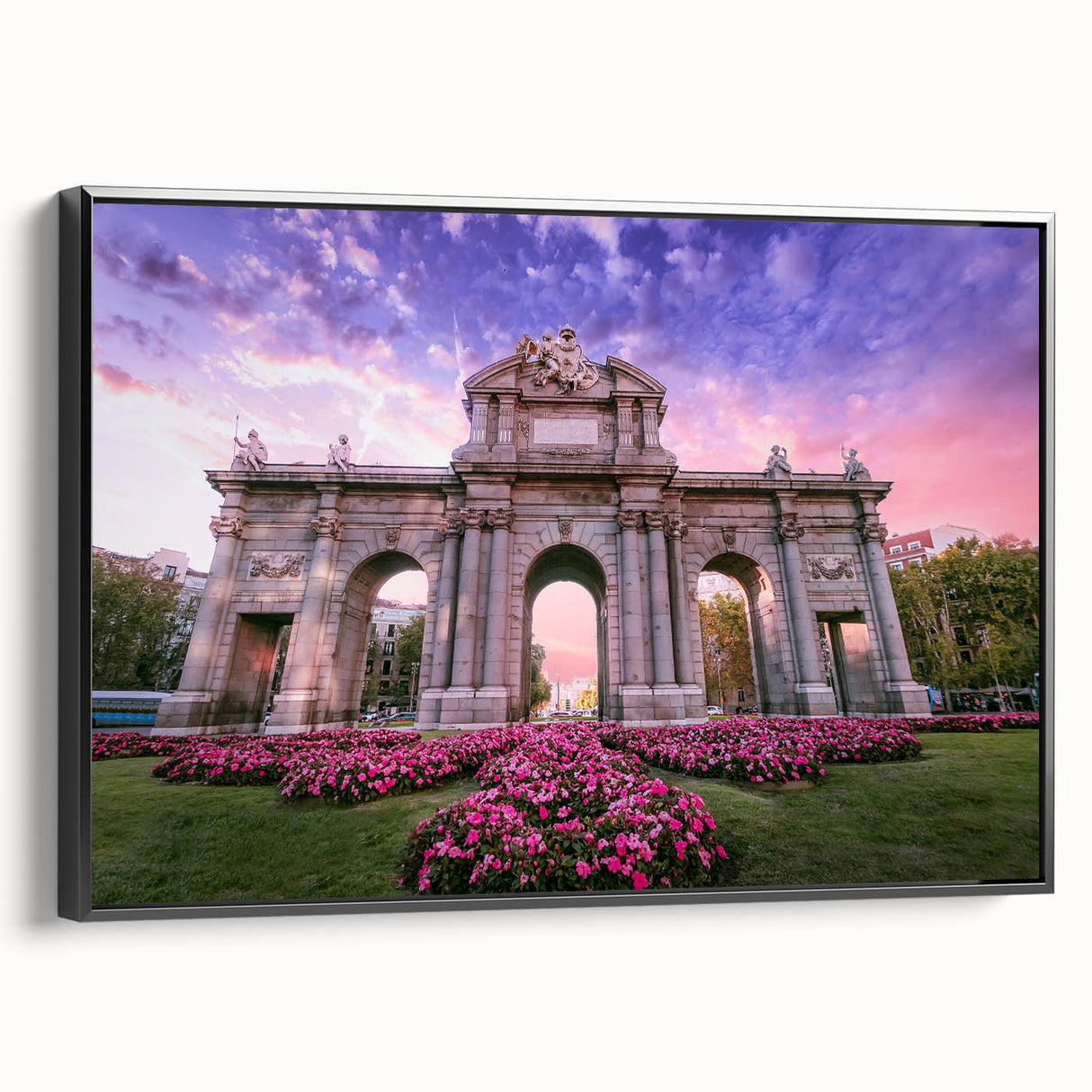 Black and white framed canvas of Madrid landscape in vintage poster style, suitable for bedroom decor.