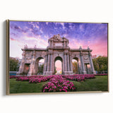 Framed canvas depicting a vintage-style Madrid landscape in muted gold and black tones, ideal for bedroom wall art.