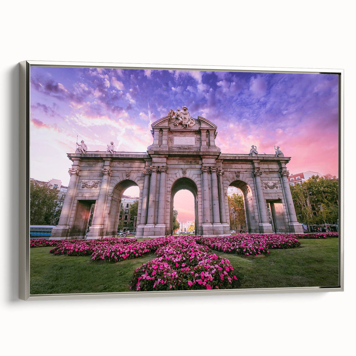 Landscape art painting of Madrid featuring colorful vintage poster art on a framed canvas, ideal for living room decor.