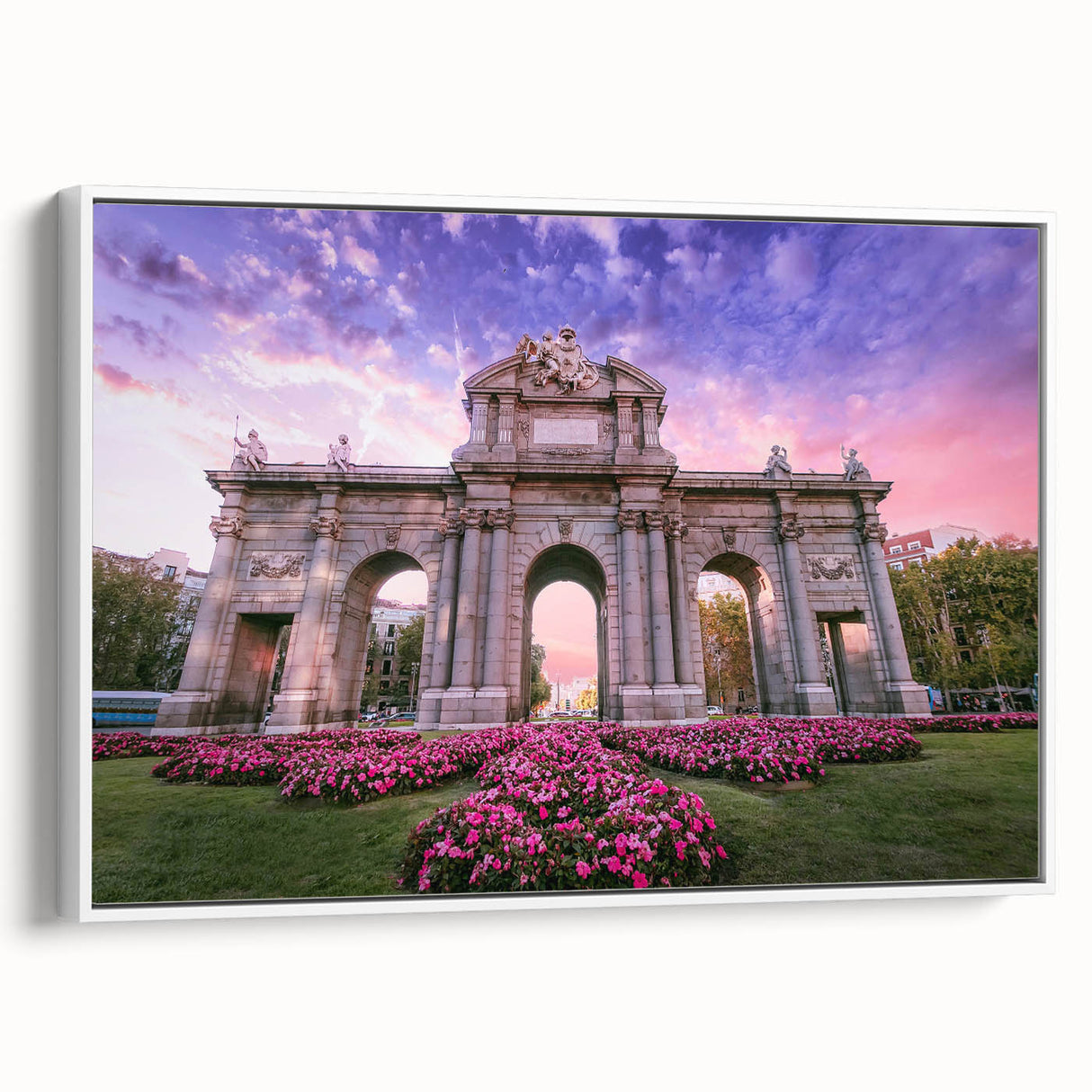 Vintage poster art of Madrid featuring colorful imagery on extra large framed canvas, ideal for living room decor.