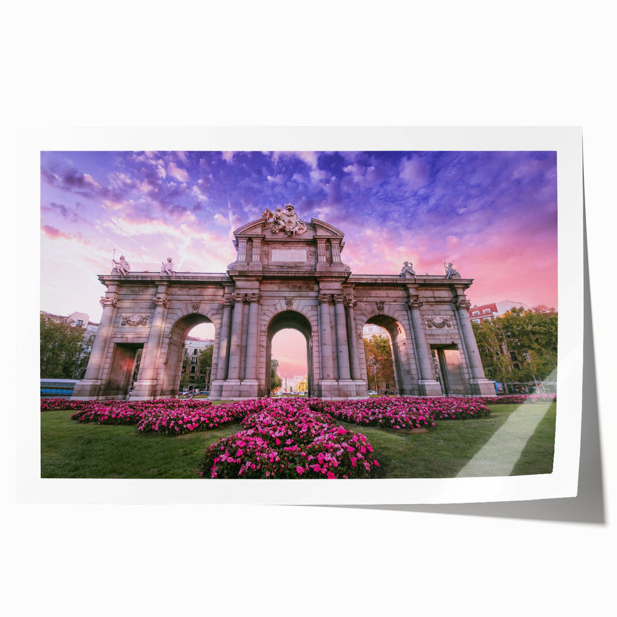 Extra large rolled print of Madrid scenery with floral accents in soft pastels, ideal for art wall dining room.