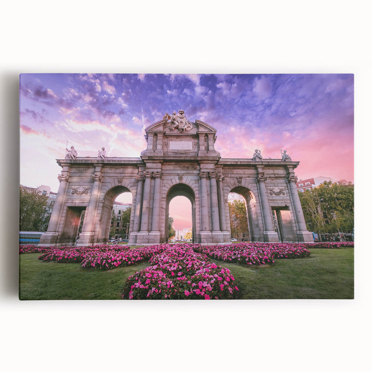 Black and white stretched canvas of Madrid scenery, ideal for kitchen wall art.