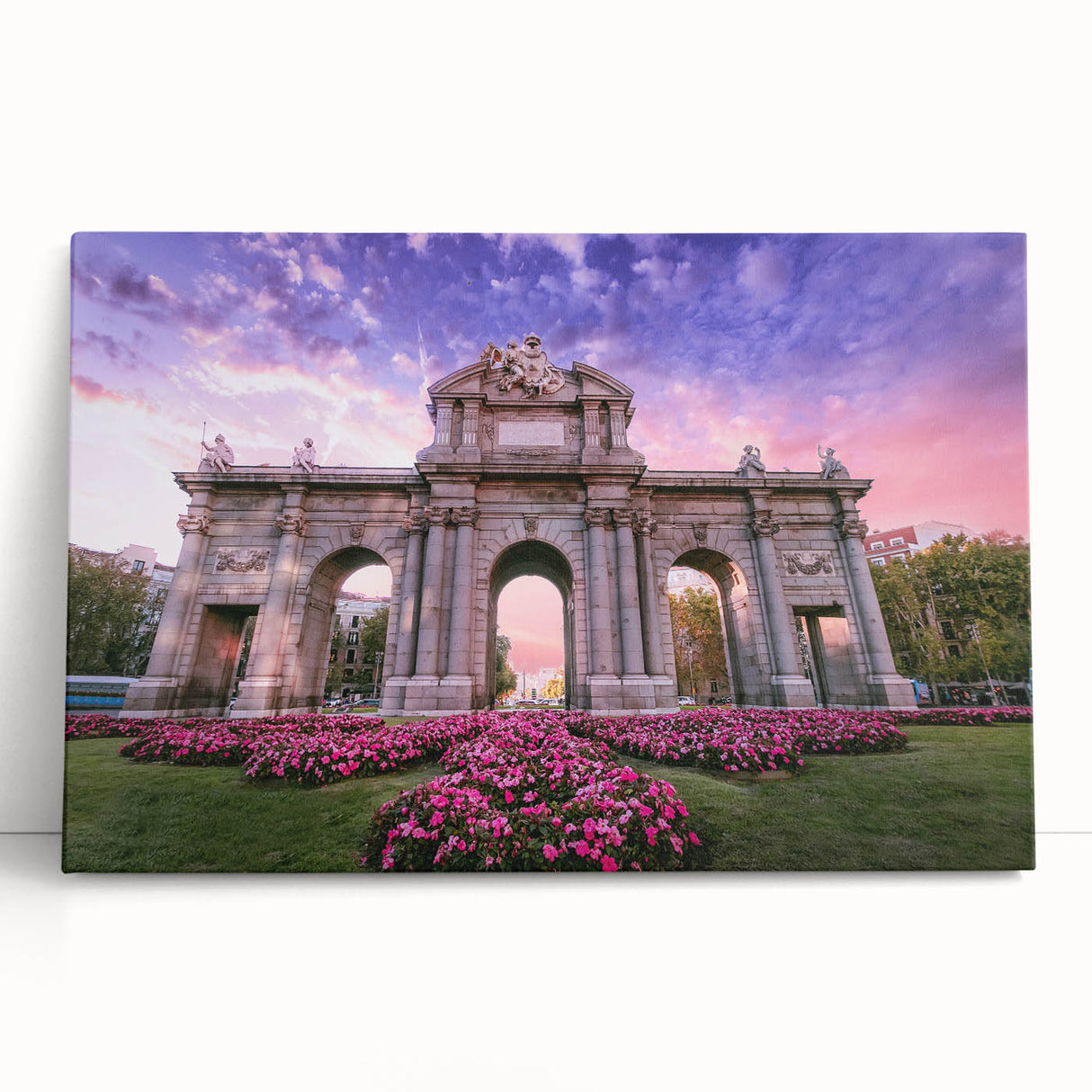 Black and white print of Madrid scenery on stretched canvas, ideal for kitchen wall art or bedroom ambiance.