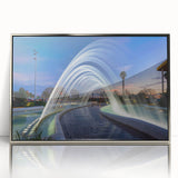 Mid-century modernist art depicting Valencia scenery in muted earth tones on a framed acrylic, ideal for nursery wall art.