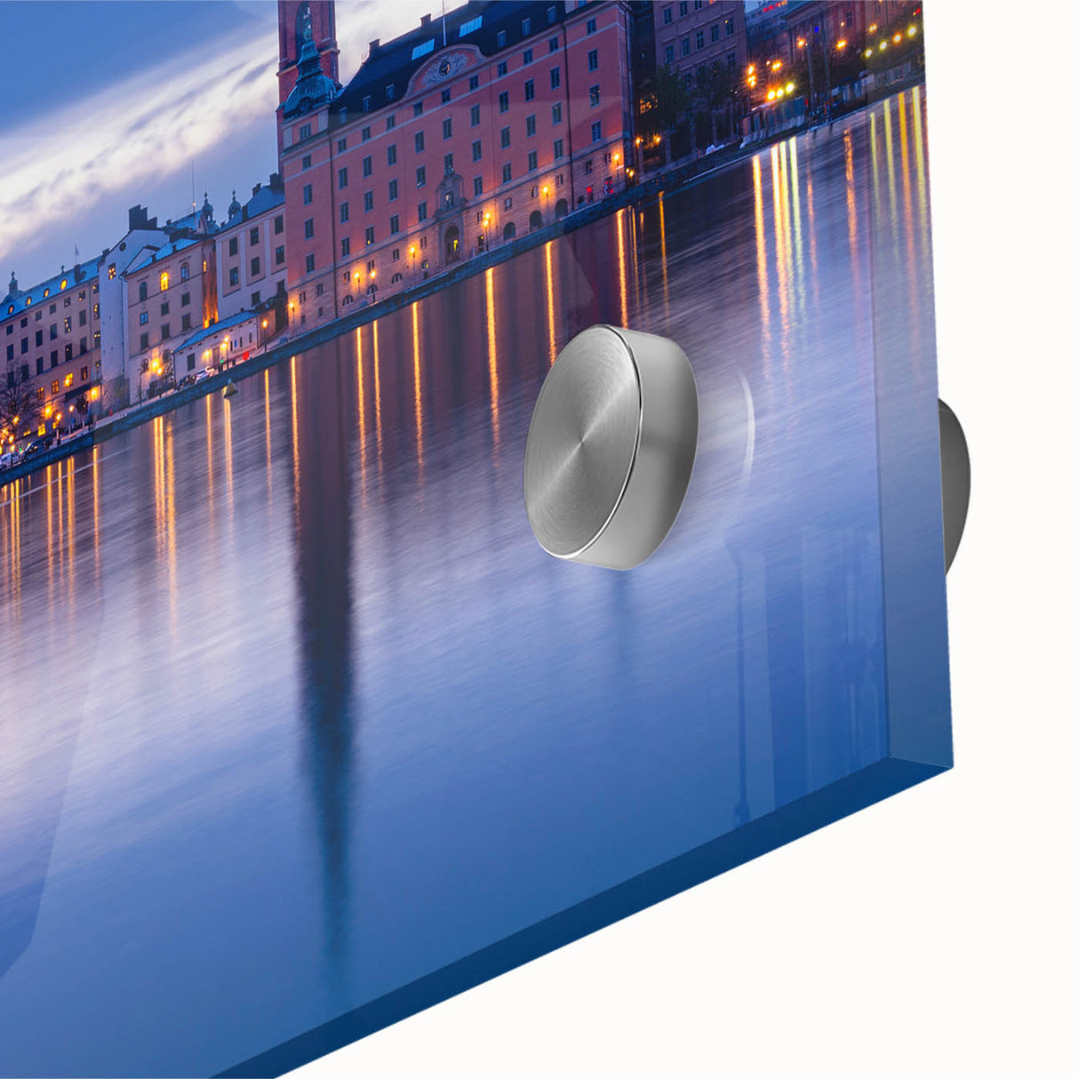 Large abstract wall art of Stockholm scenery in muted blue and green hues on acrylic glass, suitable for dining room decor.
