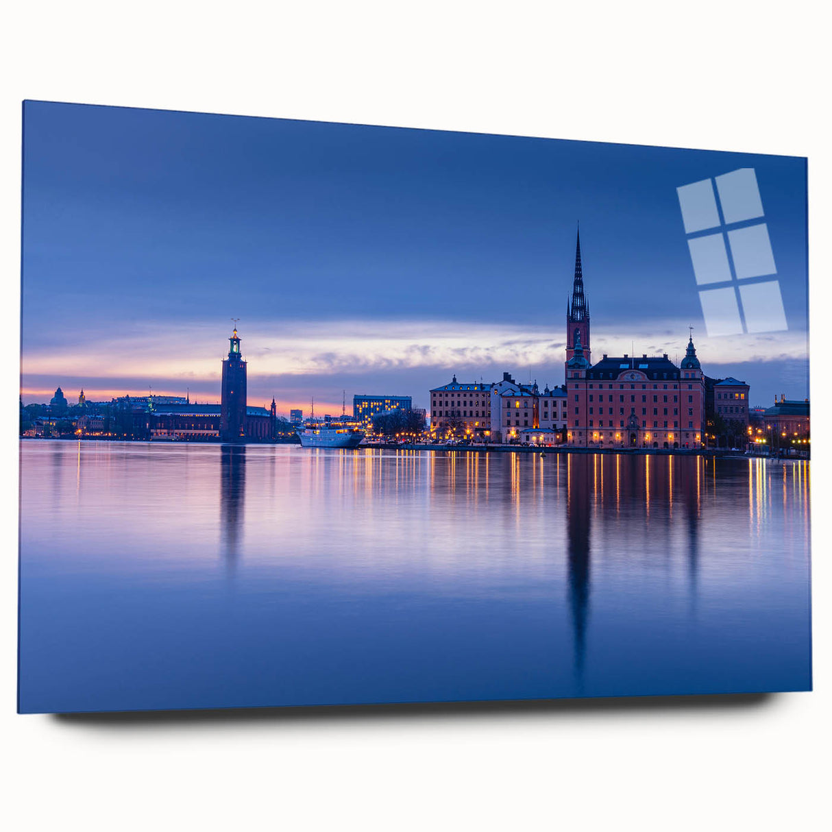 Large abstract wall art of Stockholm scenery in muted blue and green tones on acrylic glass.