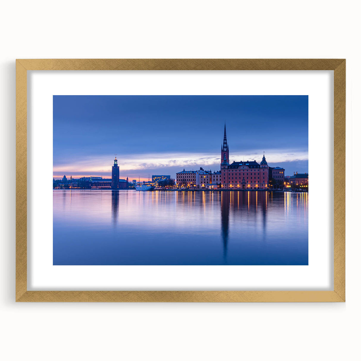 Extra large abstract art print of Stockholm scenery in gold frame, textured finish, ideal for living room decor.