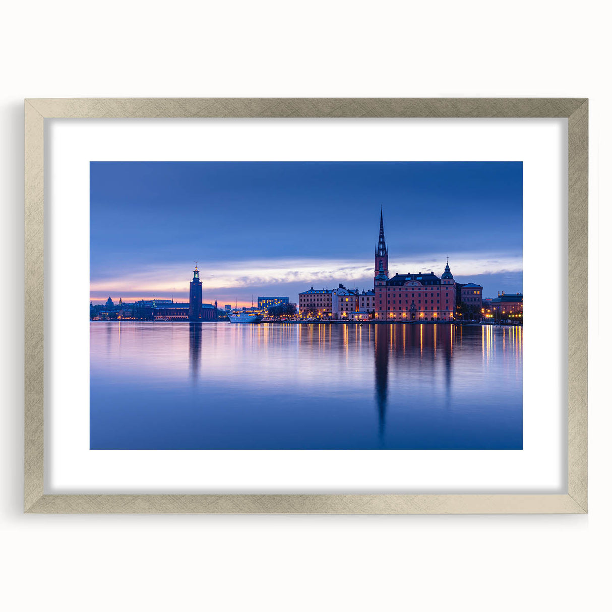 Textured abstract art print of Stockholm scenery in muted gray and blue tones on a framed silver mat, ideal for bedroom art.