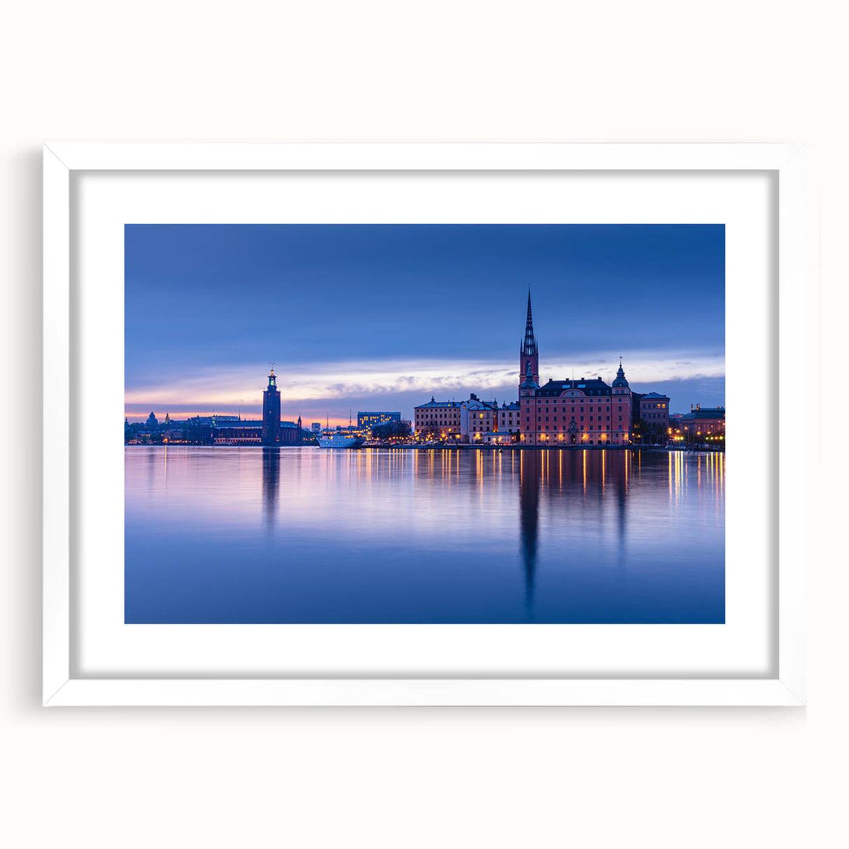 Abstract art print of Stockholm's cityscape in muted gray and blue tones, framed with a white mat.