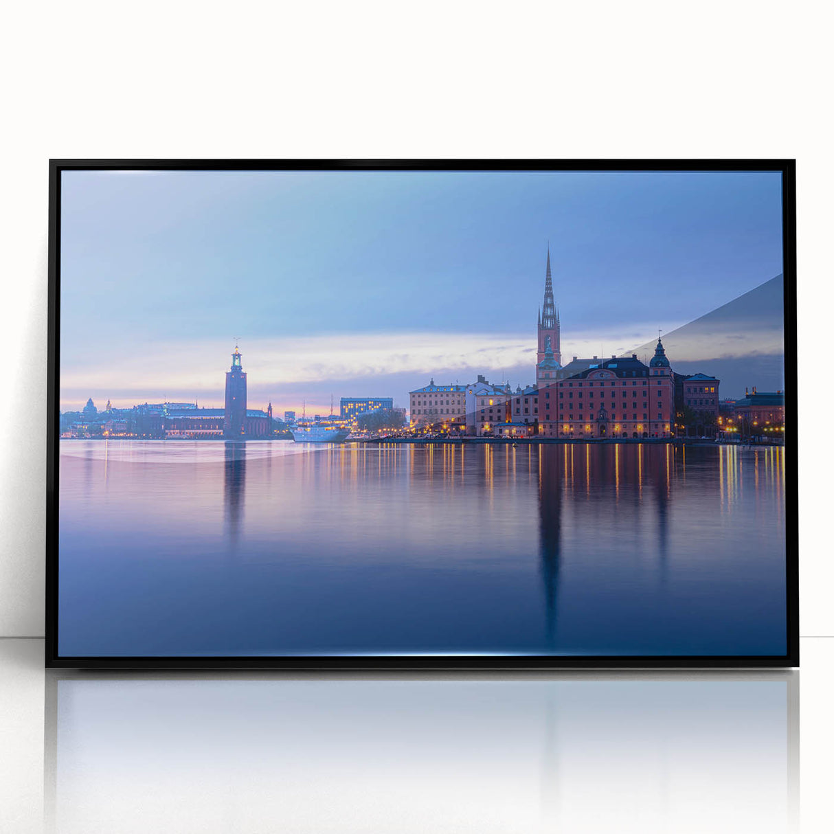 Large abstract wall art of Stockholm scenery in muted gray and blue tones on framed acrylic.