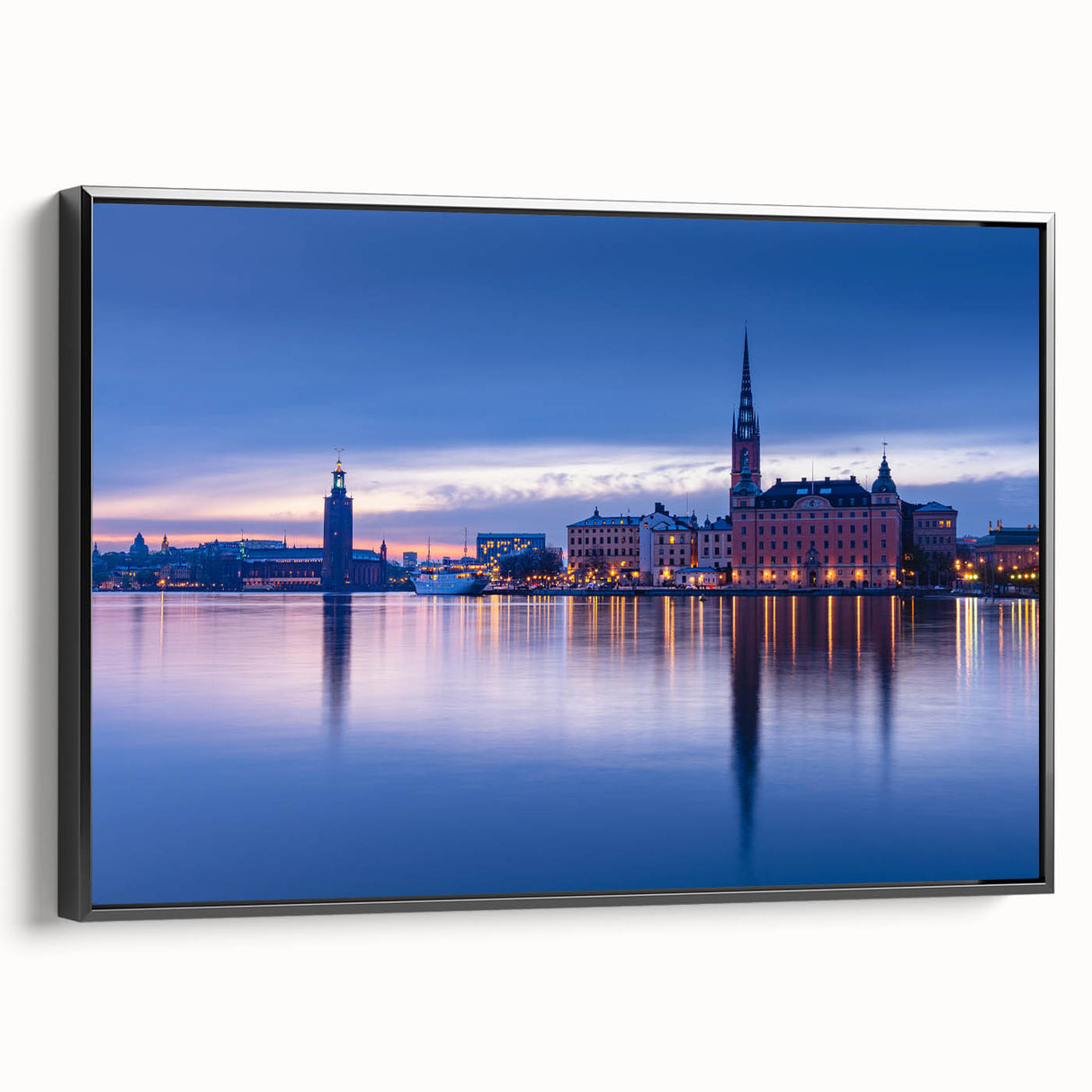 Black and white wall art featuring a vintage poster of Stockholm landscape on framed canvas, ideal for bedroom decor.