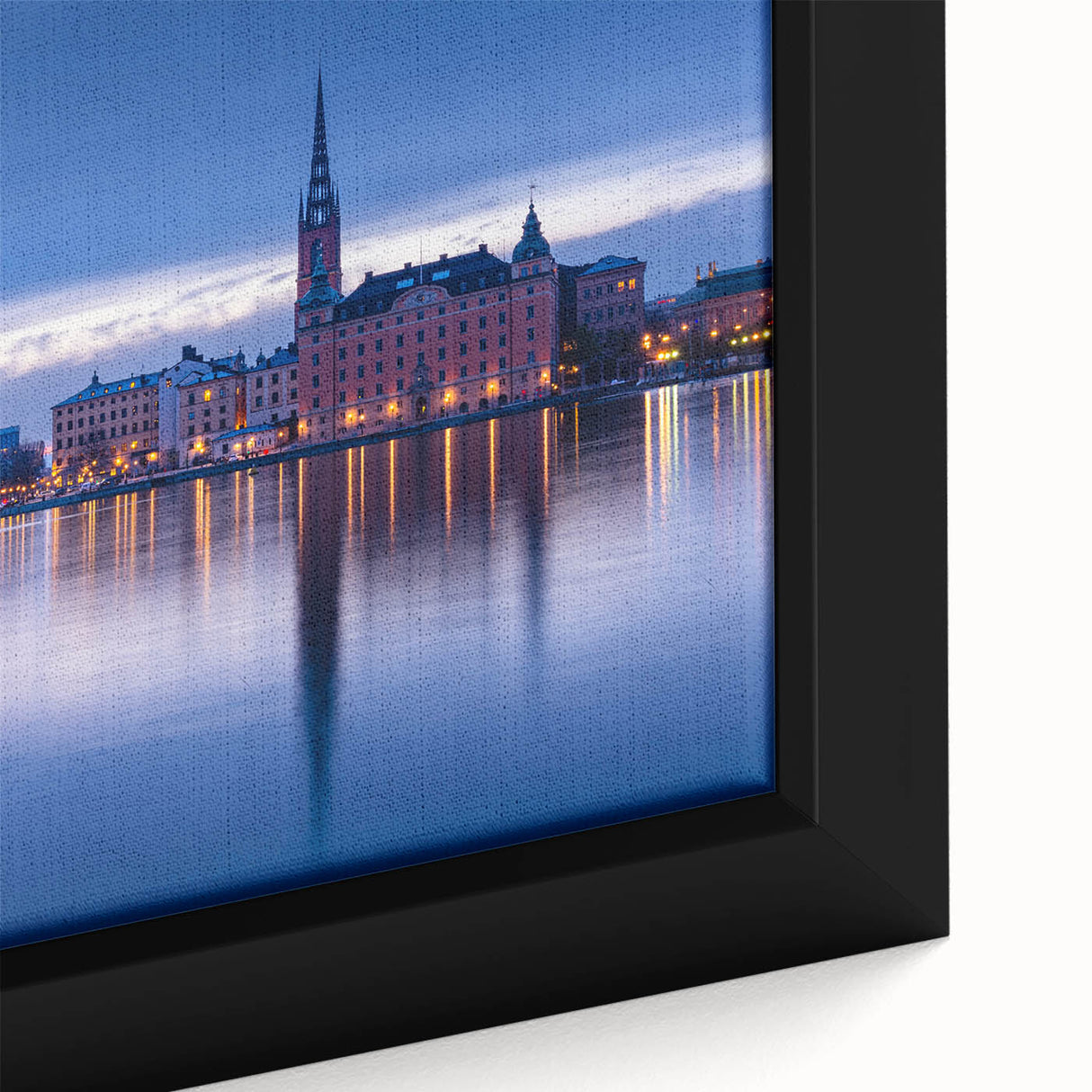 Close-up of black wall art featuring a textured Stockholm cityscape on a framed canvas, ideal for living room decor.