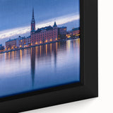 Close-up of black wall art featuring a textured Stockholm cityscape on a framed canvas, ideal for living room decor.