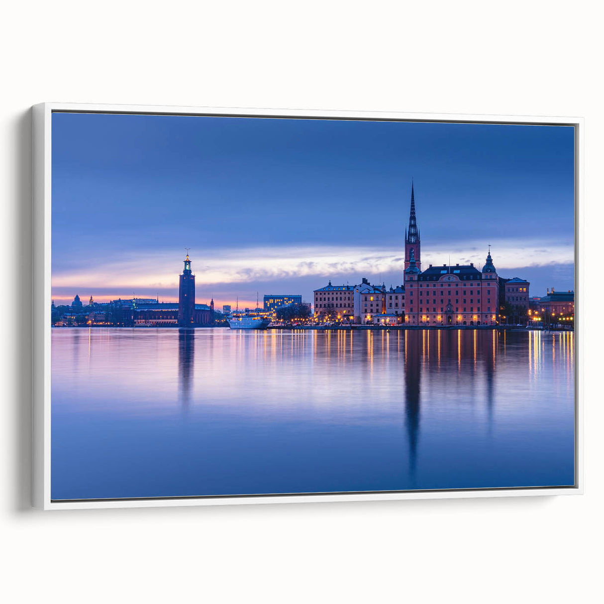 Vintage poster art of Stockholm scenery in vibrant colors on extra large framed canvas, ideal for living room decor.