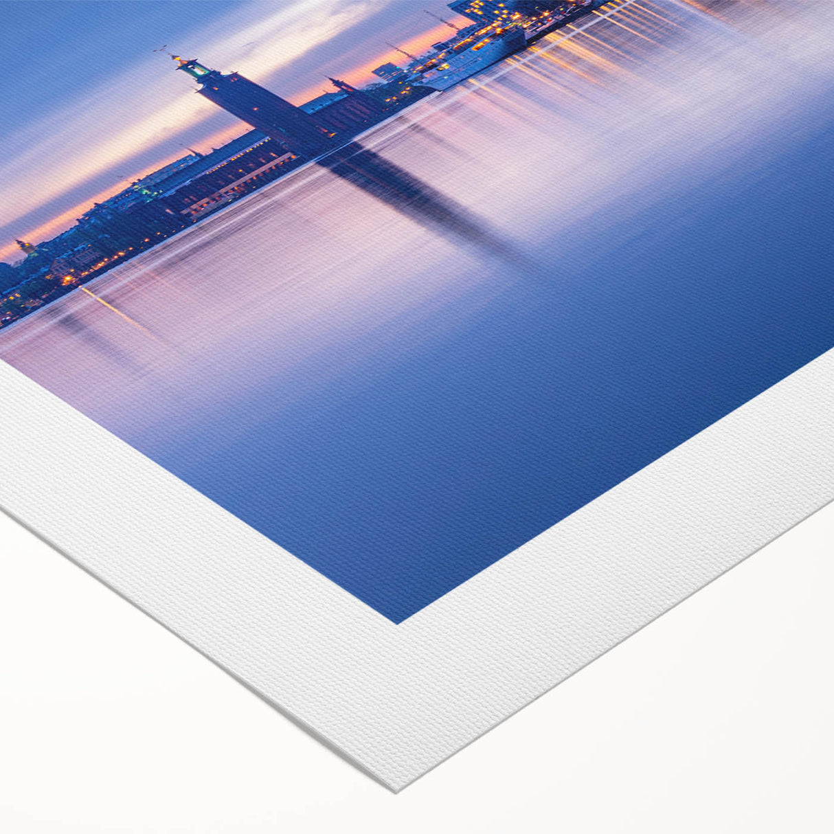 Art Deco poster of Stockholm skyline in muted blue tones on rolled canvas, ideal for dining room wall art.