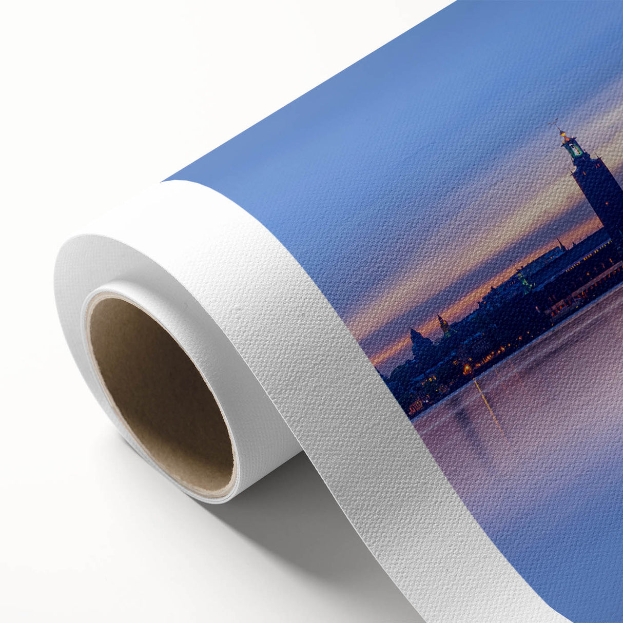 Art deco poster of Stockholm scenery in pastel shades on rolled canvas, ideal for nursery wall art.