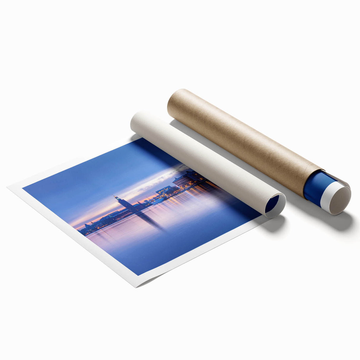 Extra large rolled print of Stockholm scenery with floral accents in pastel shades, suitable for classy bathroom wall art.