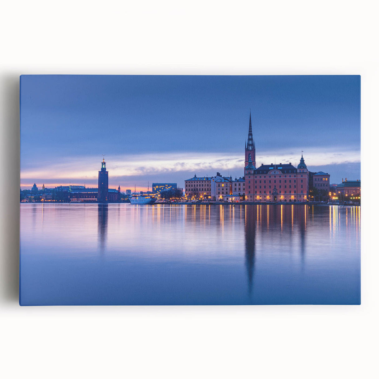 Black and white large art print of Stockholm's skyline on stretched canvas, ideal for kitchen wall art.