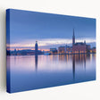 Side view of a stretched canvas depicting a serene Stockholm scenery in soft blue and gray tones, ideal for kitchen wall art.