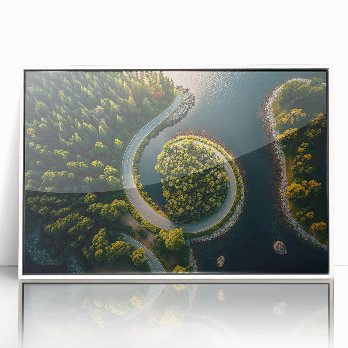 Acrylic print of a serene Swedish landscape, framed in white, featuring soft pastel colors, ideal for nursery wall art.