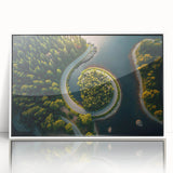 Acrylic print of a serene Swedish landscape, framed in white, featuring soft pastel colors, ideal for nursery wall art.