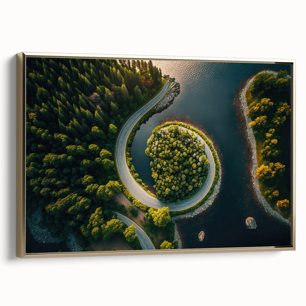 Framed canvas of a vintage-style Swedish landscape in black and gold tones, ideal for bedroom decor.