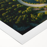 Art deco poster of a serene Swedish landscape in muted green and blue tones on rolled canvas, suitable for dining room decor.