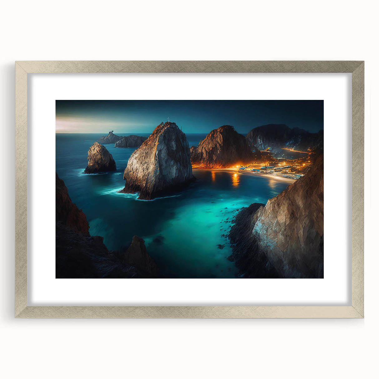 Textured abstract art print of Cabo San Lucas in muted earth tones, framed in silver, ideal for bedroom decor.