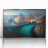 Mid-century modernist art depicting the Cabo San Lucas scenery, with vibrant blue and green tones on a framed acrylic print.