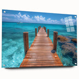 Acrylic print of a large abstract depiction of Cancun scenery in vibrant blues and greens.